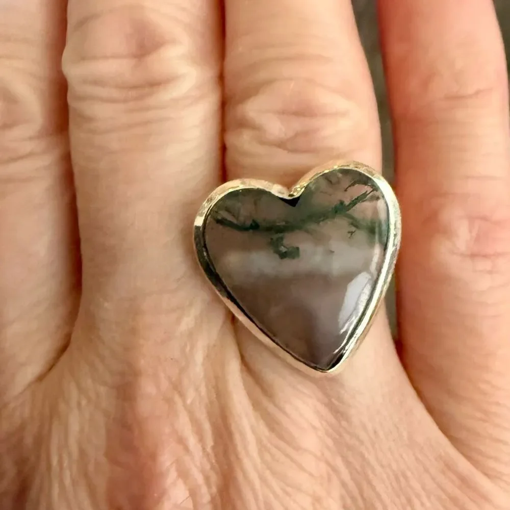 Stunning Heart Agate Sterling Silver Statement Ring Size 6 Large New